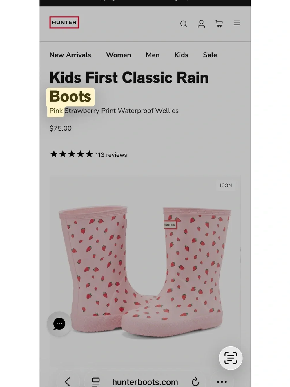 Hunter Kids Pink Rain Boots with Strawberry Print